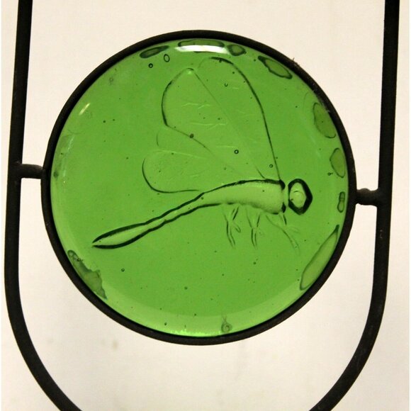 Black Metal Double Taper Dinner Candle Holder Green Glass Dragonfly Decor - Picture 2 of 10